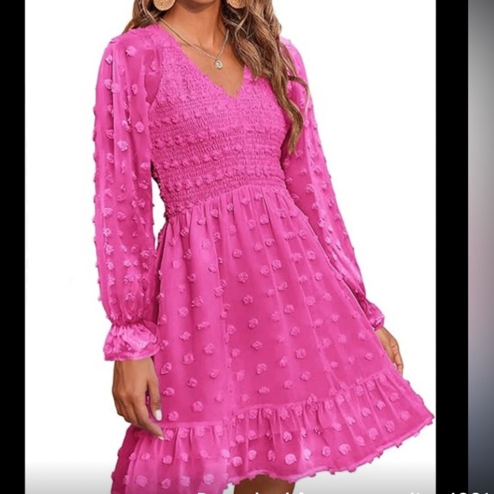 Pink A-Line V-Neck Bishop Sleeve Dress